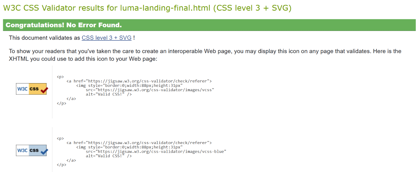 W3C CSS validator showing a successful result with no errors
