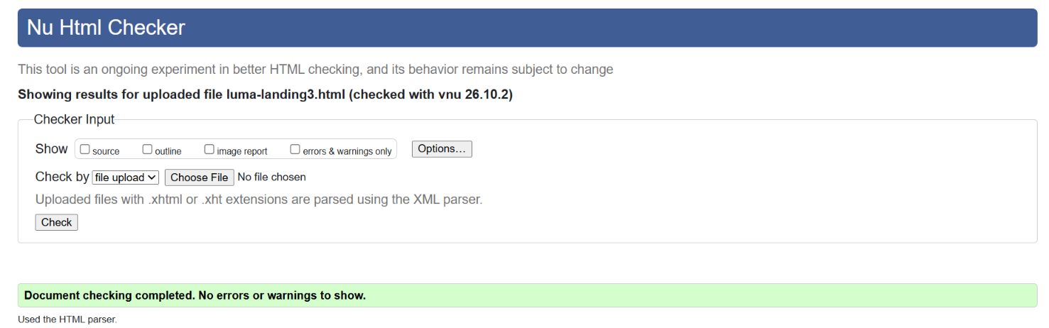 W3C HTML validator showing a successful result with no errors or warnings
