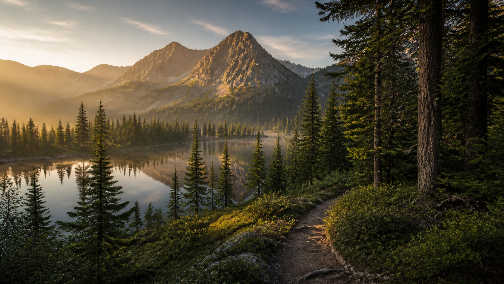 A quiet mountain lake, evergreen forest, and trail in warm morning light